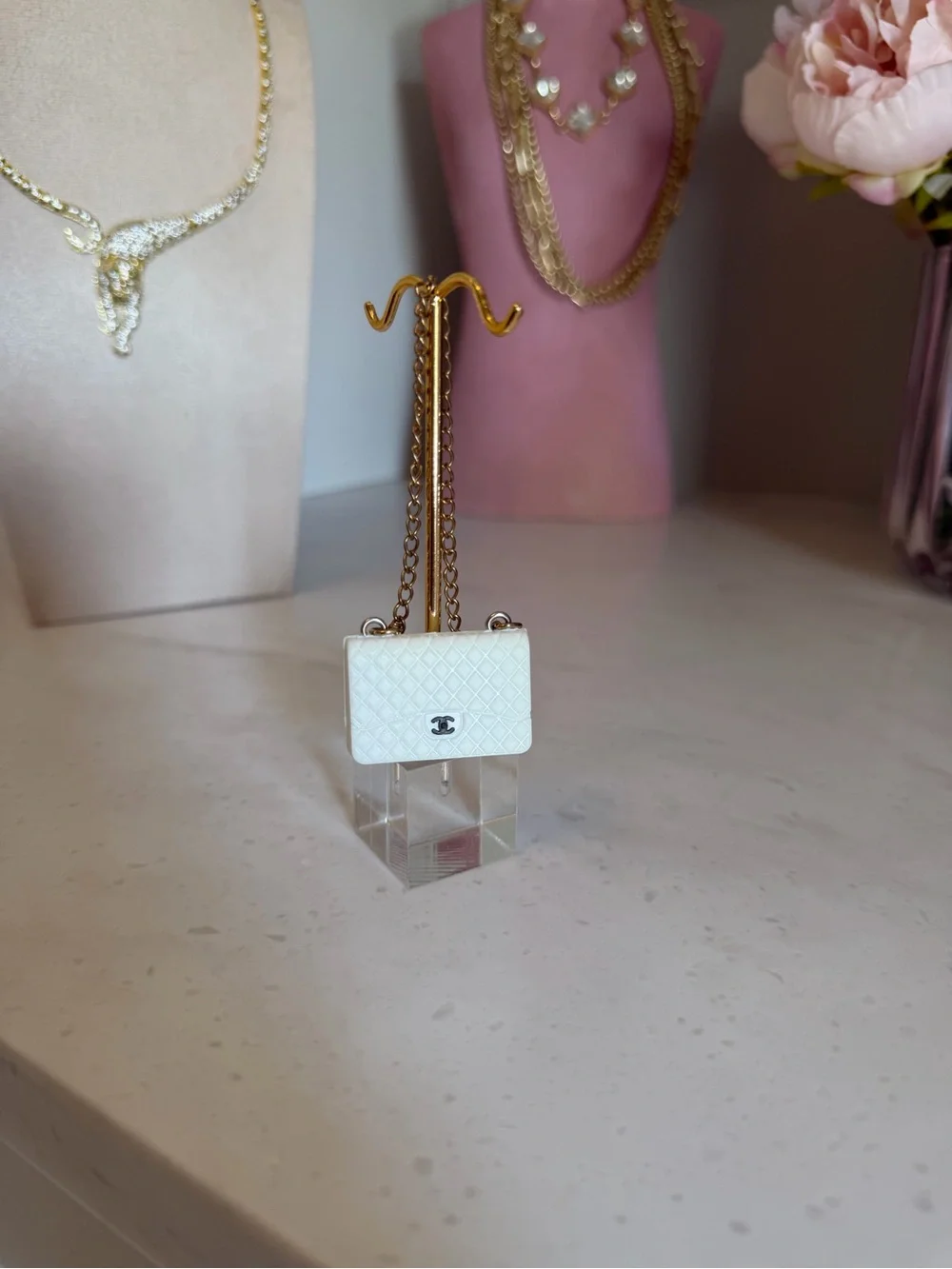 White Quilted CC Chain mini Shoulder Bag Charm Gold Hardware